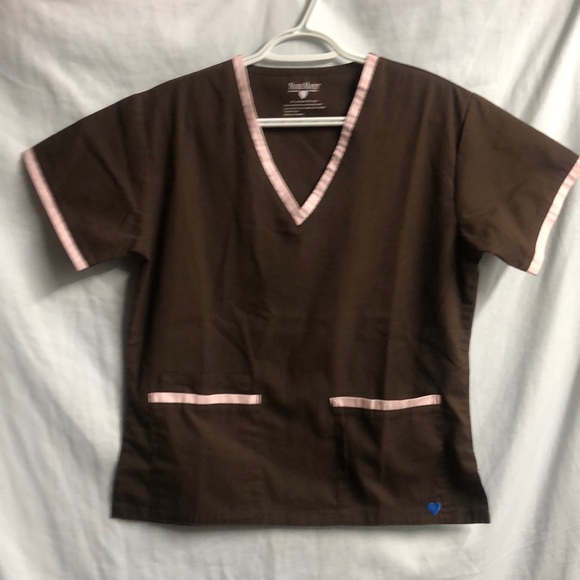 Brown pink nurse scrub top nurse mates small euc - Picture 1 of 10